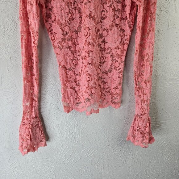 Moda Floral Lace Blouse Medium Pink Sheer Bell Sleeve Dressy Fairy Coquette Top - Picture 10 of 12